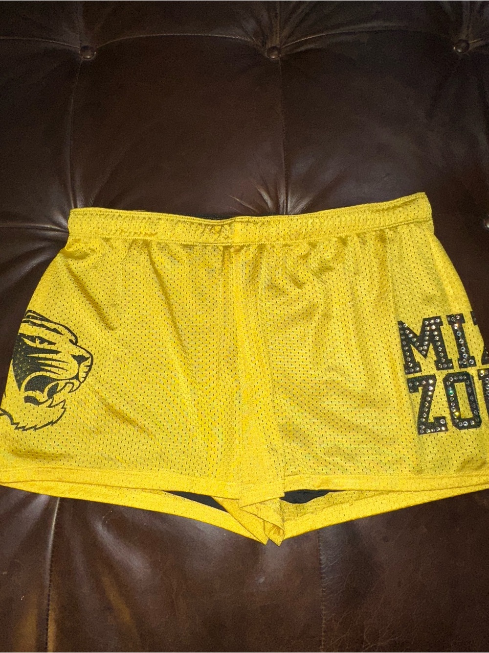 Yellow Athletic Mesh Shorts with Tiger Graphic, rhinestone MIZZOU